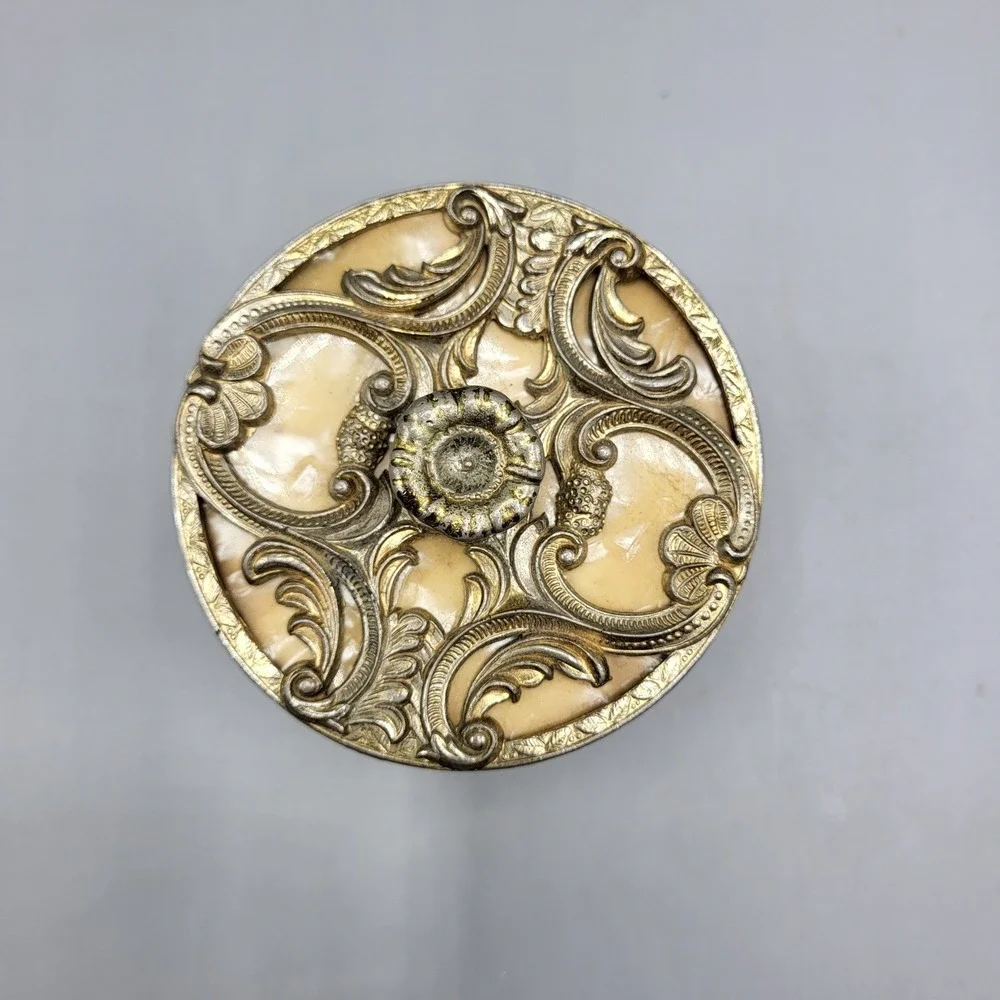 Vintage French Ormulo Trinket Box Vanity Jar Gold Filigree Frosted Glass Footed